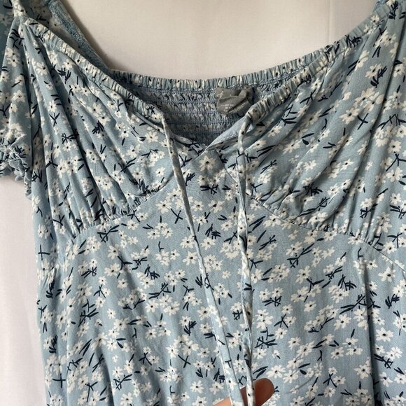 Sky and Sparrow rayon blue and white floral dress drawstring cottagecore ruched - Picture 4 of 7